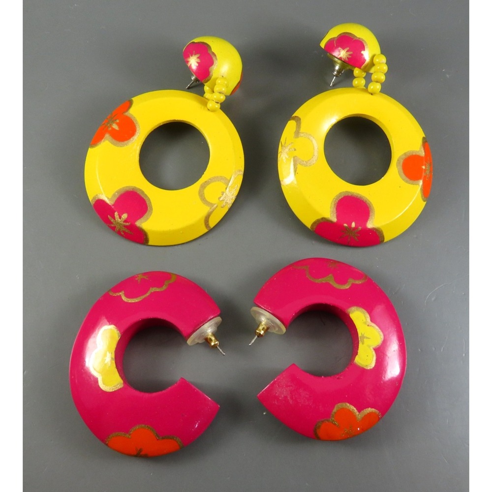 SET OF 2, Vintage HAND PAINTED WOODEN EARRINGS 80's Retro Hoop Dangle BIG STYLE